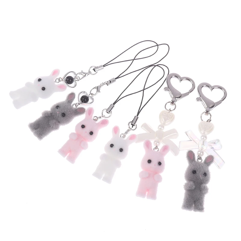 Cute Flocking Cat Rabbit Keychain Phone Chain Plush Bunny Phone Lanyard Keyring Car Key Holder Bag Pendant Earphone Camera Chain