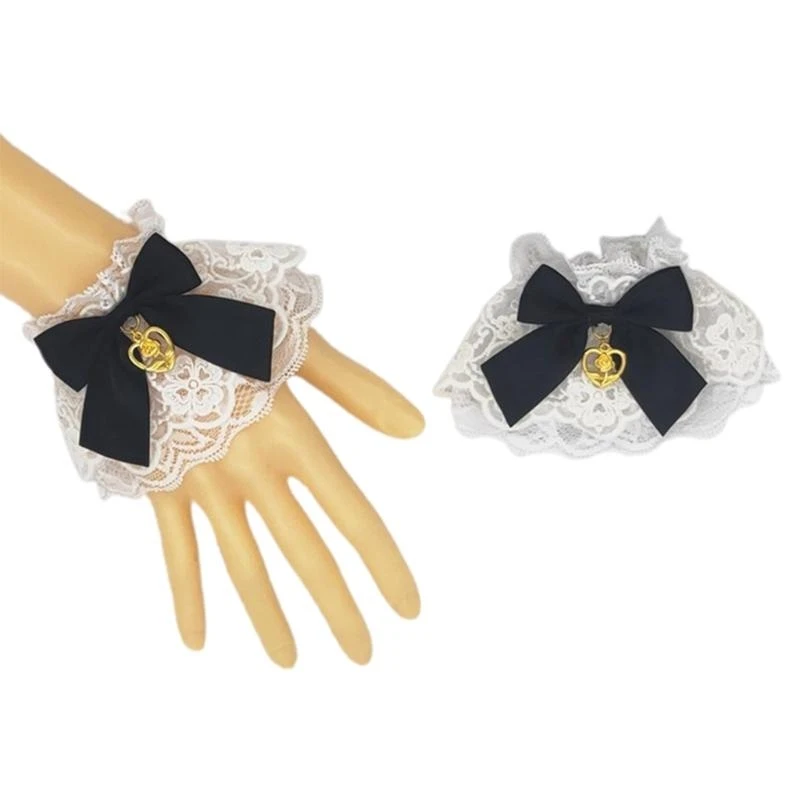 R1WE – Bracelet en dentelle à volants, fait à main, avec pendentif en forme cœur, avec nœud papillon, Anime main