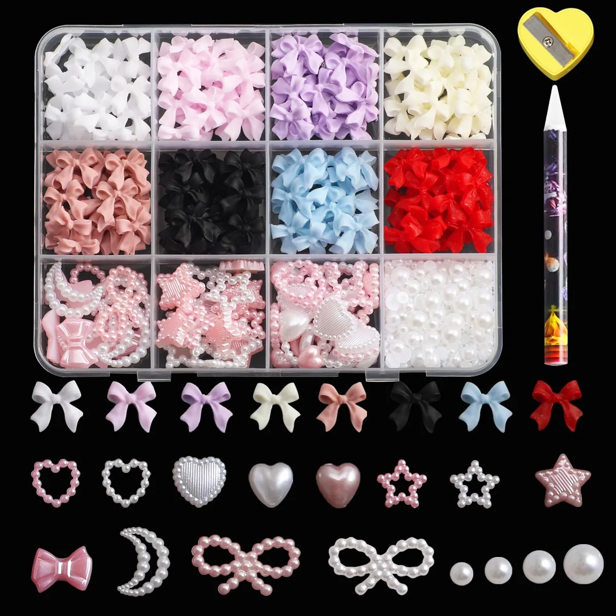 12 Grids of 3D Nail Art Decoration and Flat-Backed Pearls, Various Styles of Resin Bow Accessories, Pink and White Star Heart-Shaped Flat-Backed Pearl Styles Mixed Pack, for Handmade DIY Art Decoration