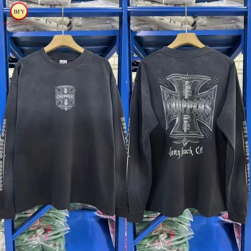 

West Coast Choppers 25SS Печатный логотип Потертая потертая футболка с длинными рукавами Мужская и женская модная футболка премиум-класса