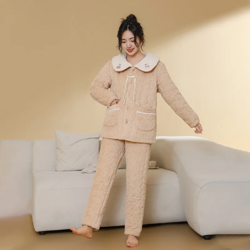 Sleepwear Winter Women's New Solid Color Cute Style Simple Student Home Clothes Set Thickened Warm Button Nightwear Female