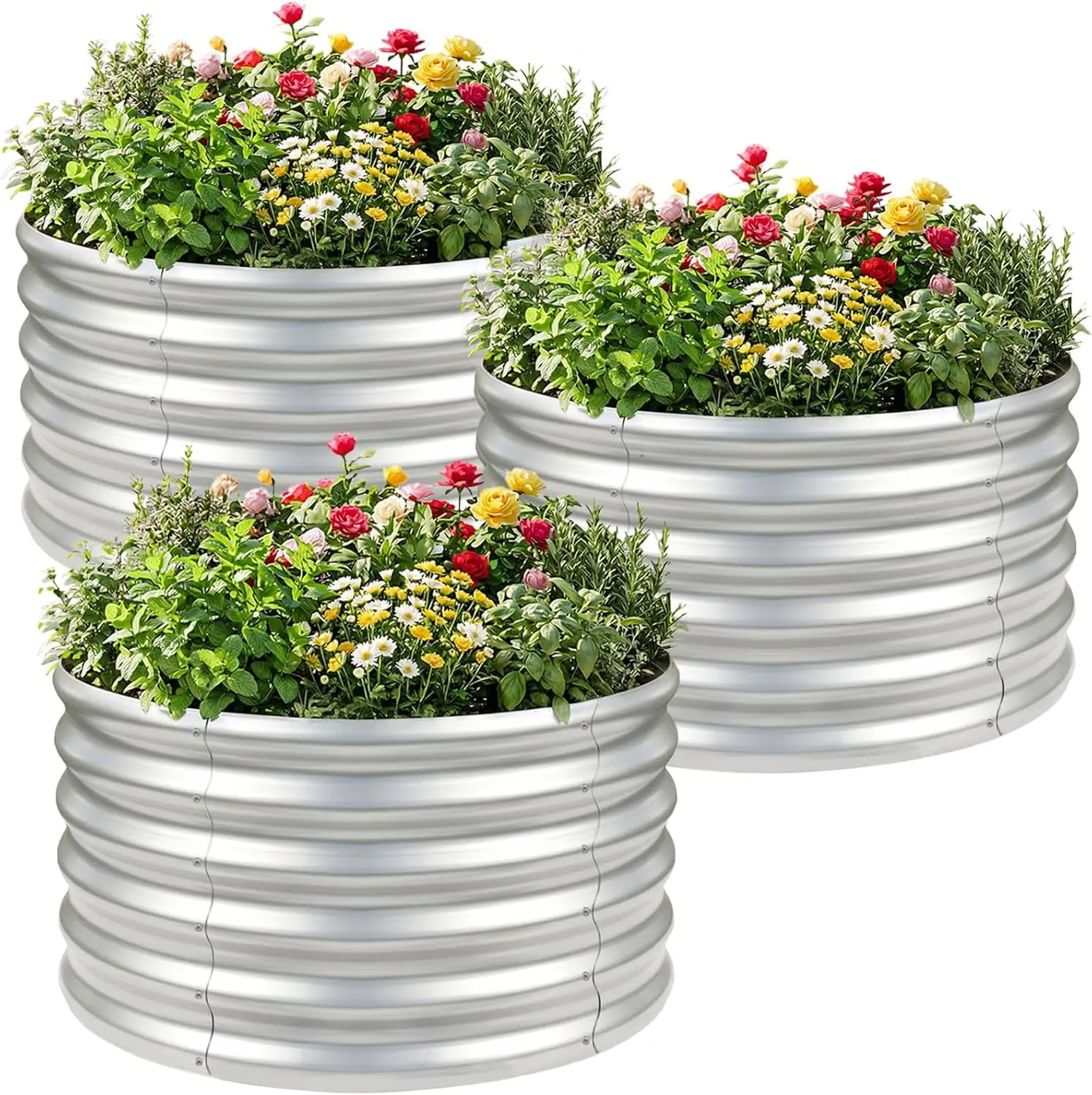3PCS 2x2x2FT Galvanized Raised Garden Bed Kit Round Metal Flower Box Large Planter Raised Beds Outdoor Garden for Planting,Fruit,Herb Silver