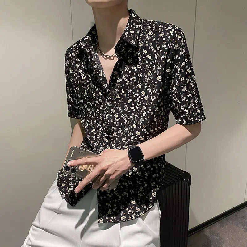 Men's Printing Plus Size Youth High Street Blouse Summer New Short Sleeve Polo Neck Fashion Shirt Tops Korean Trend Men Clothing