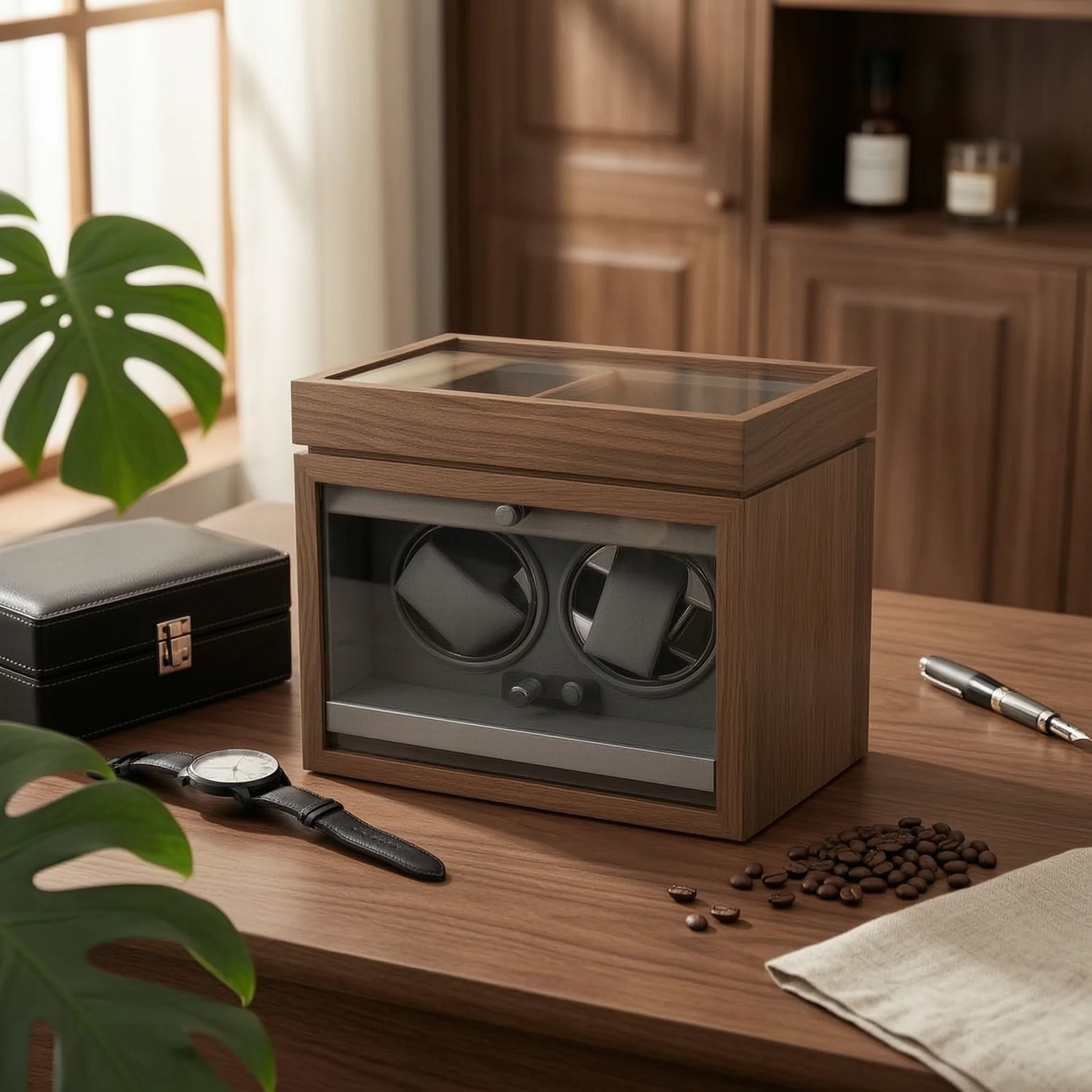 Watch Winder with Storage Tray LED Automatic Watch Winder Box Compact Carbon Fiber for Men, Dresser, Nightstand