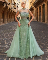 Fashion Mint Green Detachable Train Evening Dress Beading Elegant Pageant Gowns Dubai Women Fromal Celebrity Dresses Customized