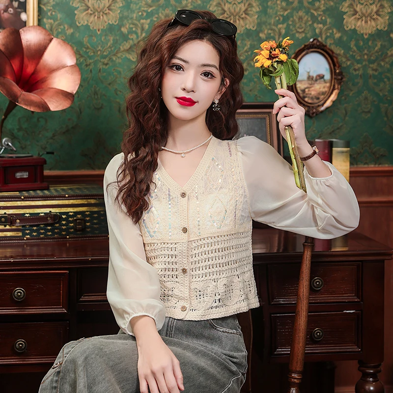 

V-Ne Splice Chiffon Long Sve irt Женский тяжелый рабочий топ с блестками, универсальный ор Sle, корейская версия Bubble Sve Top