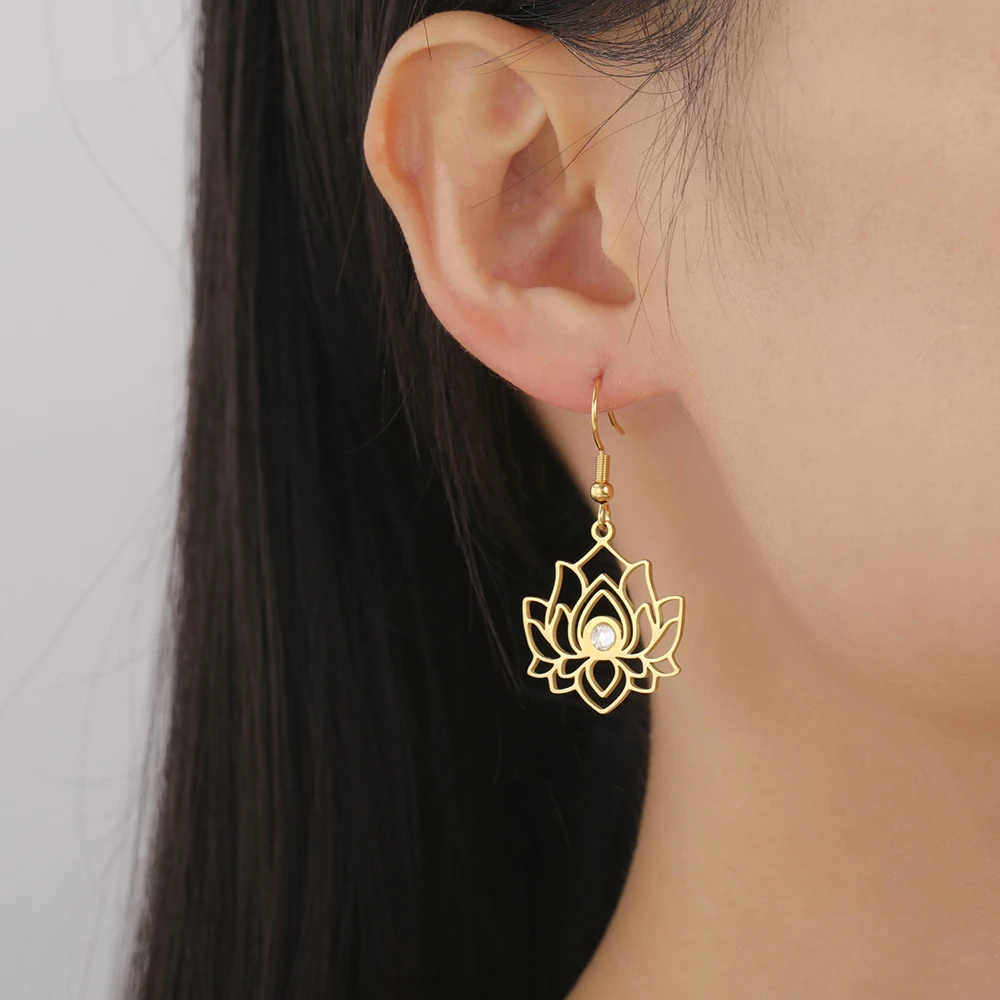 Dawapara Lotus Flower Earrings Zircon Spiritual Lotus Healing Charms Buddhist Yoga Jewelry Stainless Steel Dangle Earrings