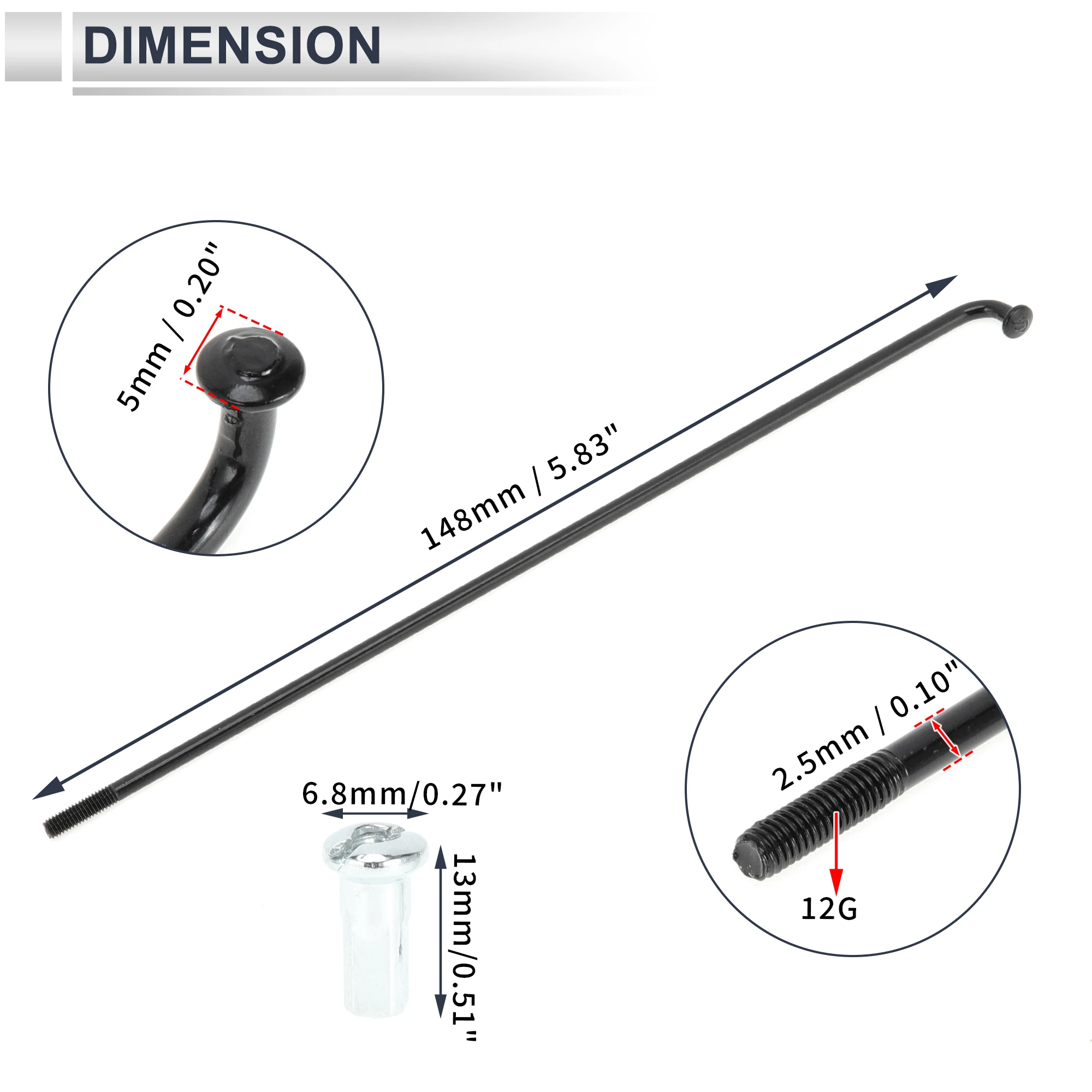 X Autohaux Fahrradspeichen-Set, 12 G, 148 mm, 154 mm, 163 mm, 173 mm-305 mm Länge, Fahrrad-Radspeichen mit Nippeln, Kohlenstoffstahl, Schwarz, 36 Stück – Detail 6