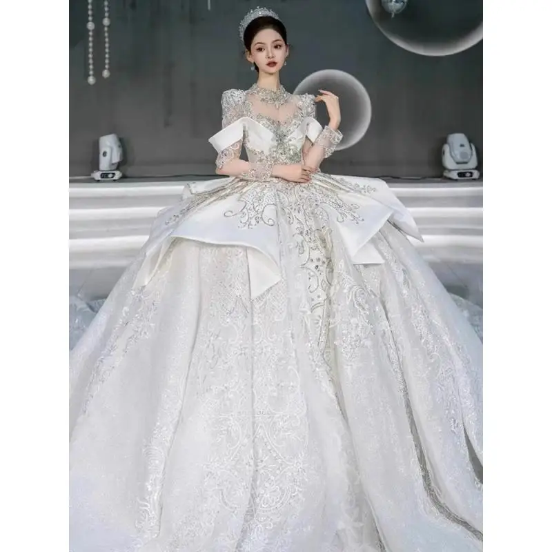 French Satin High-end Wedding Dress Embroidery Heavy Industry Luxury Embroidery Backless Fluffy Skirt With Large Tail Customized