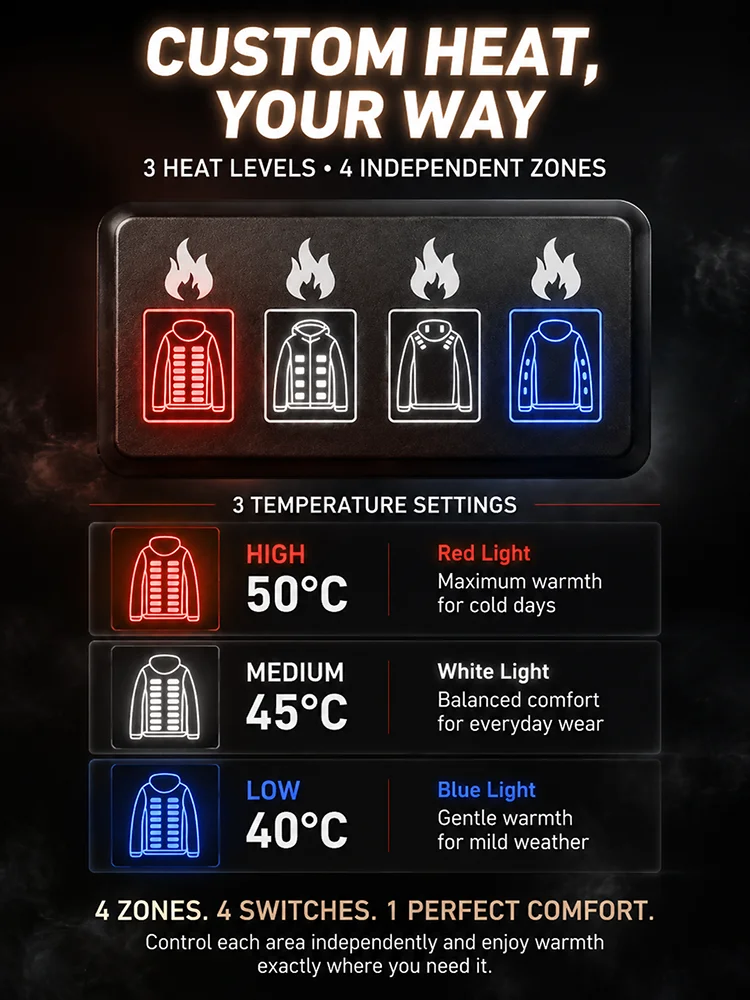 Heated Jacket Men Hoodie with 36 Heating Zones and 3 Customizable Temperature Levels, Ideal for Winter Fishing, Up to 50 Celsius