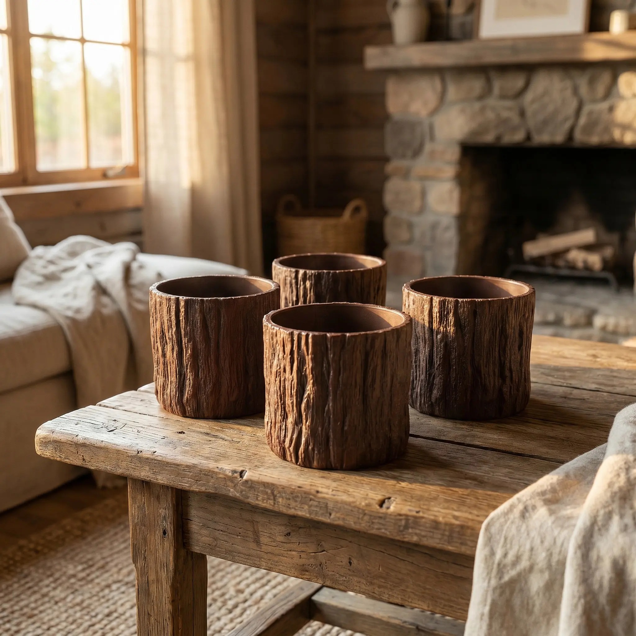 4pcs Mini Faux Wood Grain Tree Stump Flower Pots – Rustic Planters for Balcony Garden Fall Home Decor