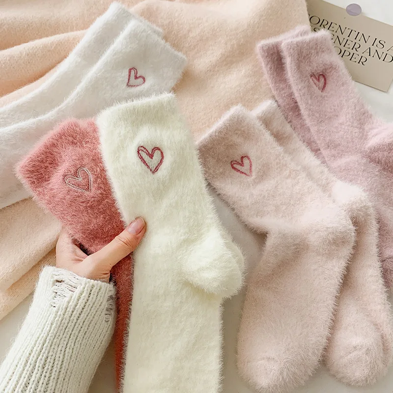 1 pair Autumn Winter Women Thickened Warm Fleece Mid Calf Socks Love Embroidery Fluffy Fuzzy Plush Thermal Socks