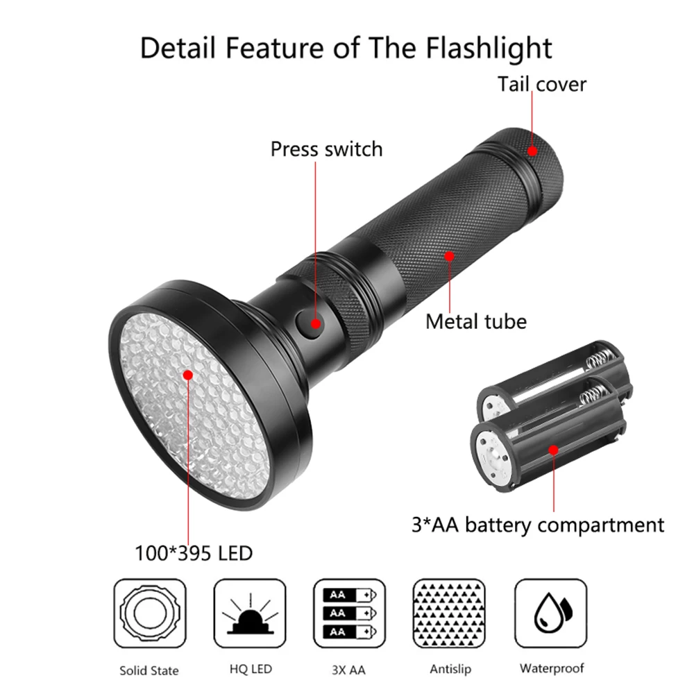 UV Flashlight Purple Light Torch100LED 51LED 21LED 12LED UV LED Flashlight UV Light 395-400nm LED Torch Lamp Safety UV Detection