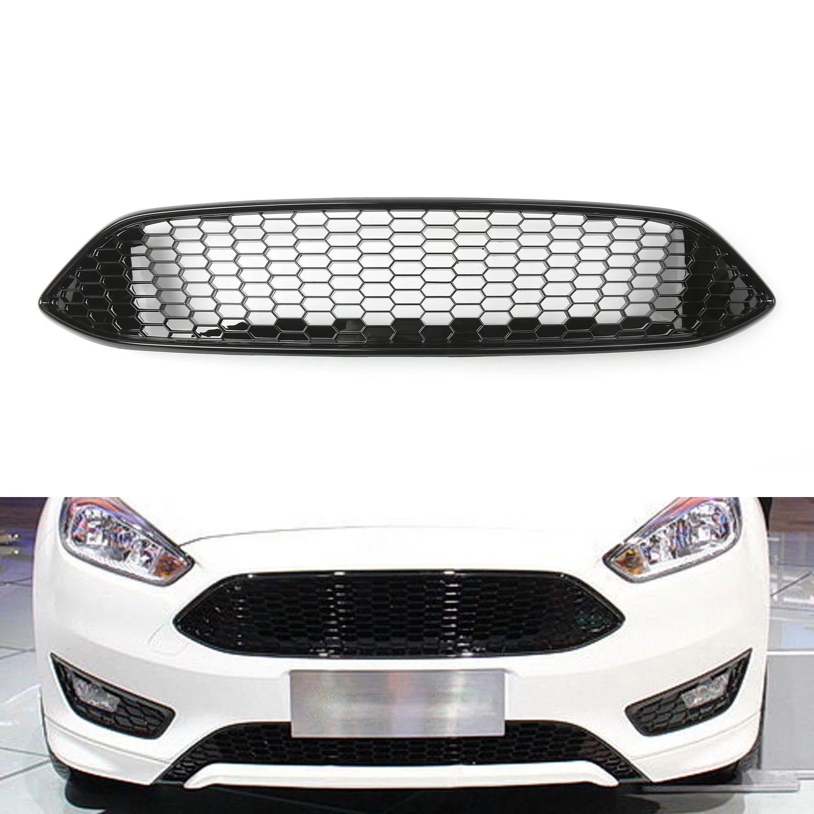 Artudatech Front Bumper Grille For 2015 2016 Ford Focus ABS Gloss Black Honeycomb New Style