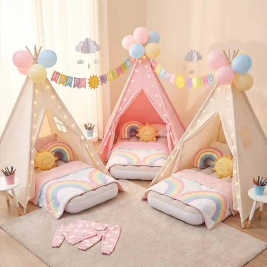 ピンク、白、ナチュラルのプレイテント、女の子、男の子への誕生日プレゼントに最適。6パックのティピーテント、インフレータブルエアベッドとライト付き、屋内使用可能。
