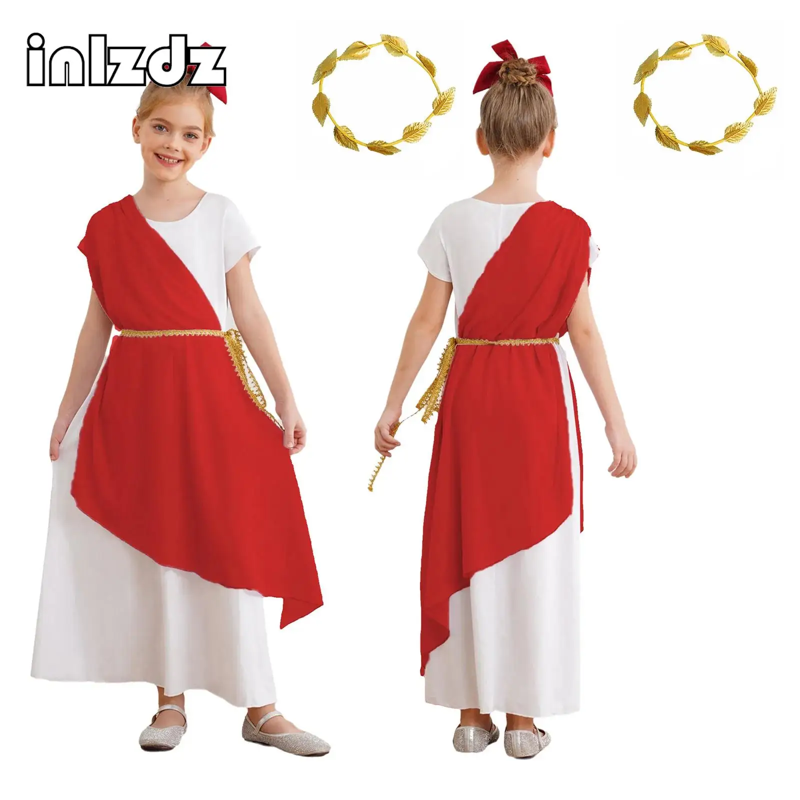 

Girls Ancient Greek Toga Princess Cosplay Costume Short Sleeve Dress with Garland Headwear for Halloween Carnival Dress Up Party