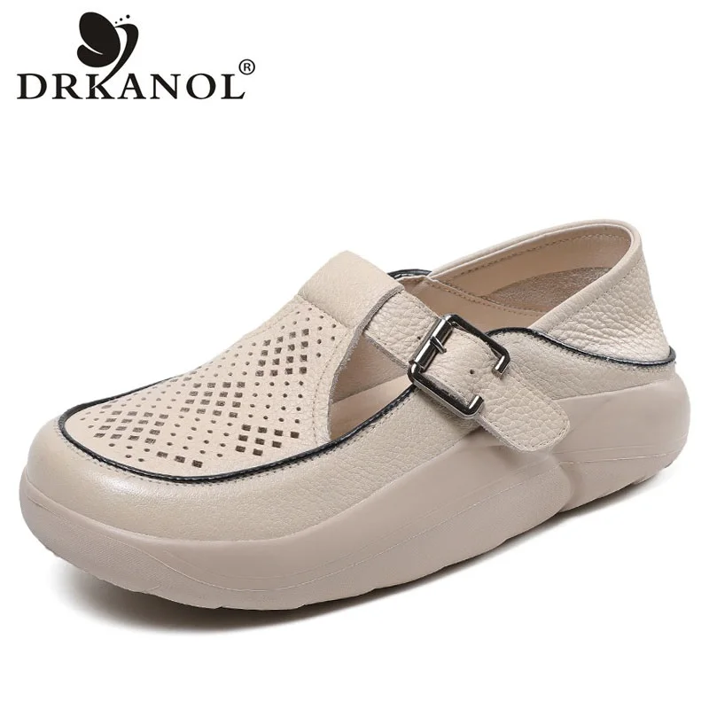 

DRKANOL Women Flat Platform Shoes Summer Hollow Breathable Shallow Buckle Sneakers Women Genuine Leather Chunky Casual Shoes