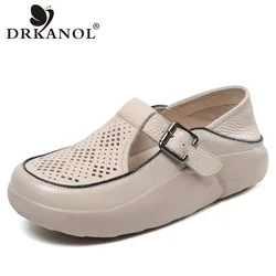 DRKANOL Women Flat Platform Shoes Summer Hollow Breathable Shallow Buckle Sneakers Women Genuine Leather Chunky Casual Shoes