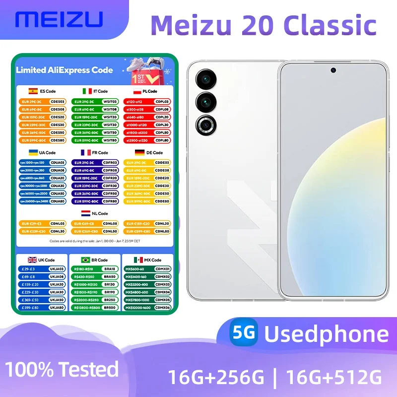 Meizu 20 Classic 5g Smartphone CPU Snapdragon 8 Gen2 Screen 6.55-inches 50MP+32MP Camera 4700mAh Battery Original Used Phone