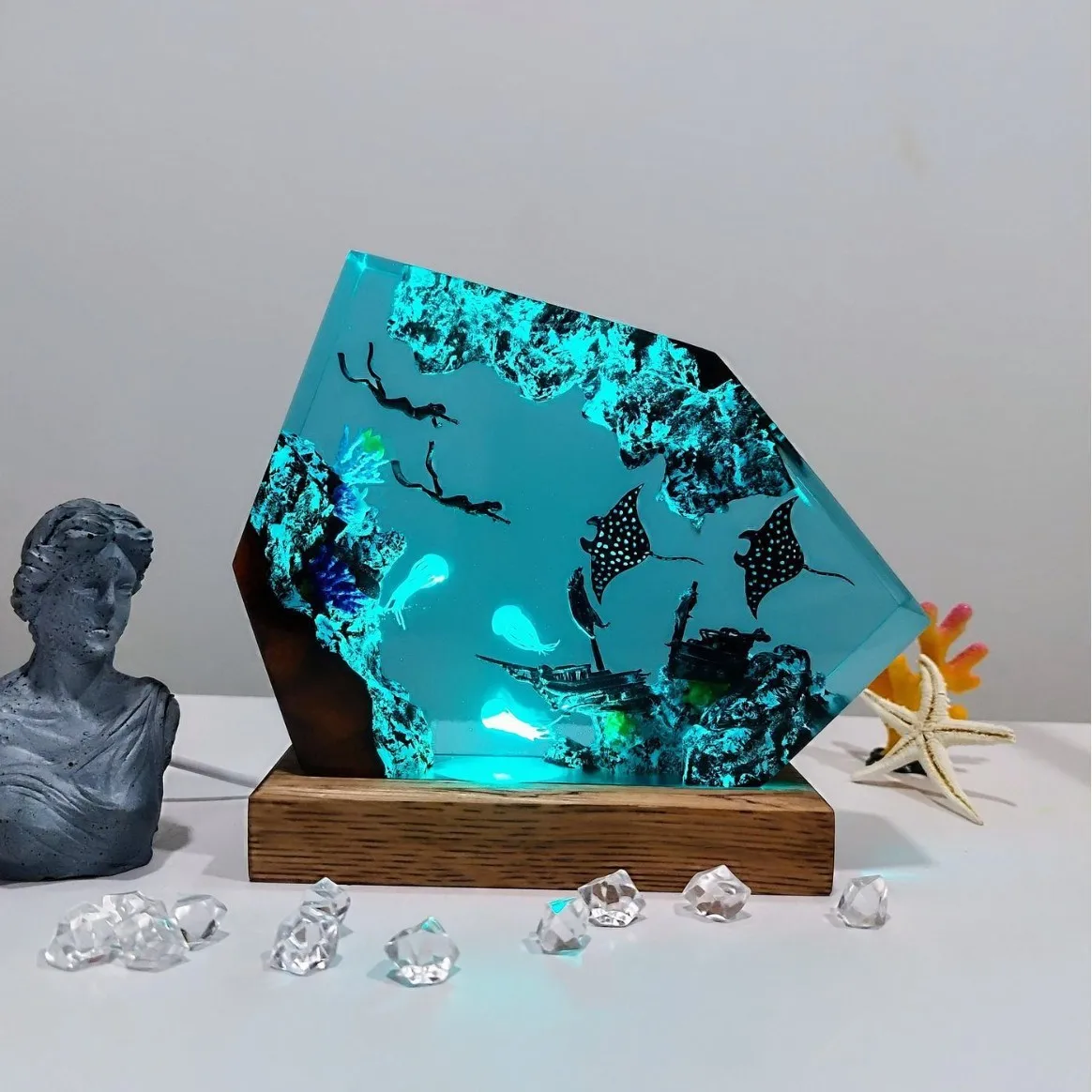 NEW Double Headed Shark and Diver Coral Reef Ocean Epoxy Resin Wooden Lamp Atmosphere Decoration Ornament Gift