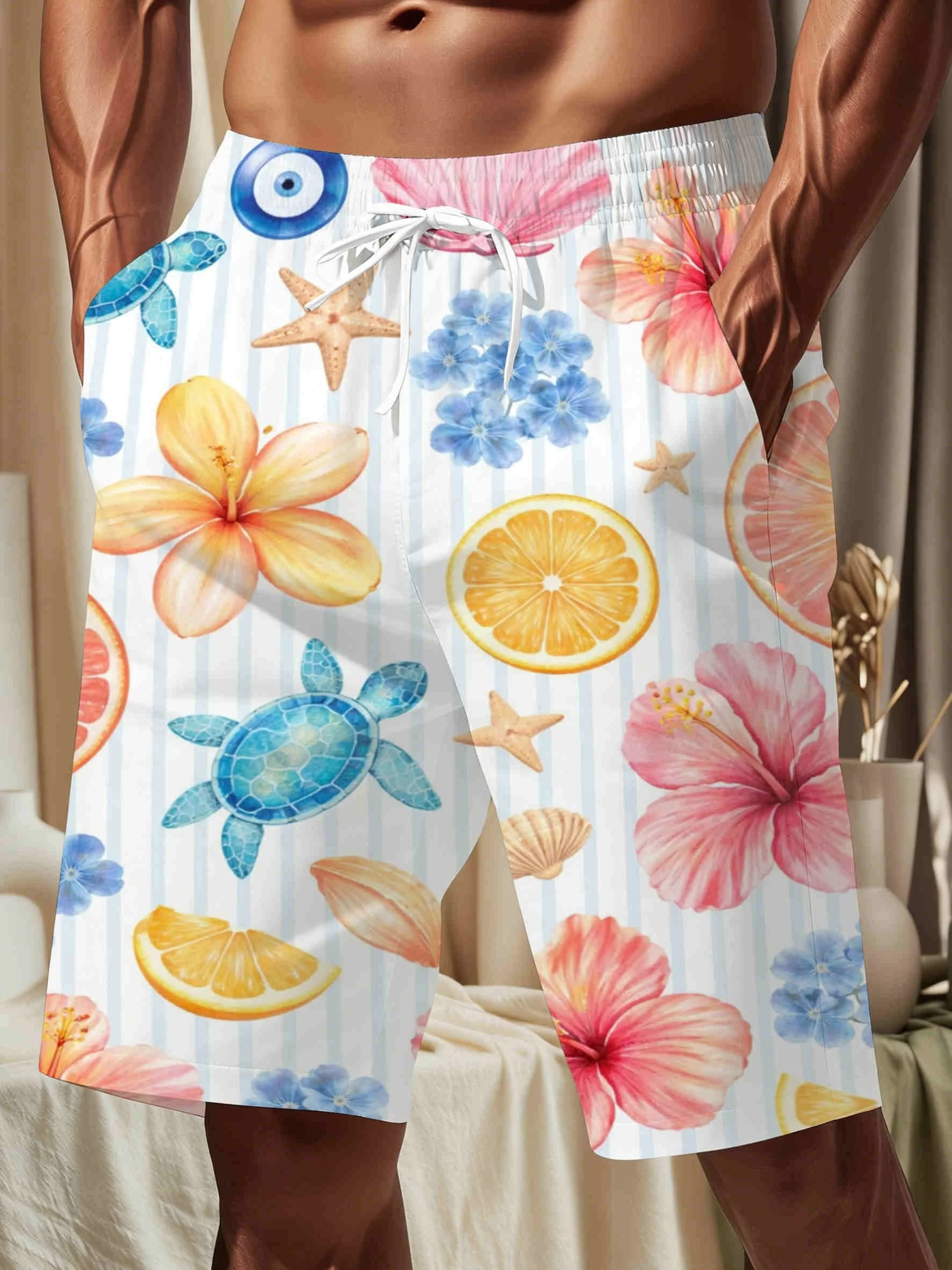 Mens Summer Watermelon Lemon Print Quick Dry Drawstring Beach Board Shorts