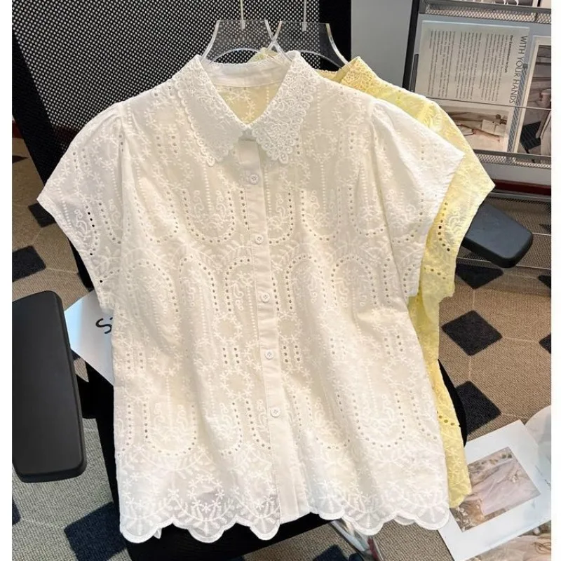 

Fashionable Embroidered Hollow Lapel Lace Short-sleeved Shirt for Women 2025 New Style French Fungus Hem Top