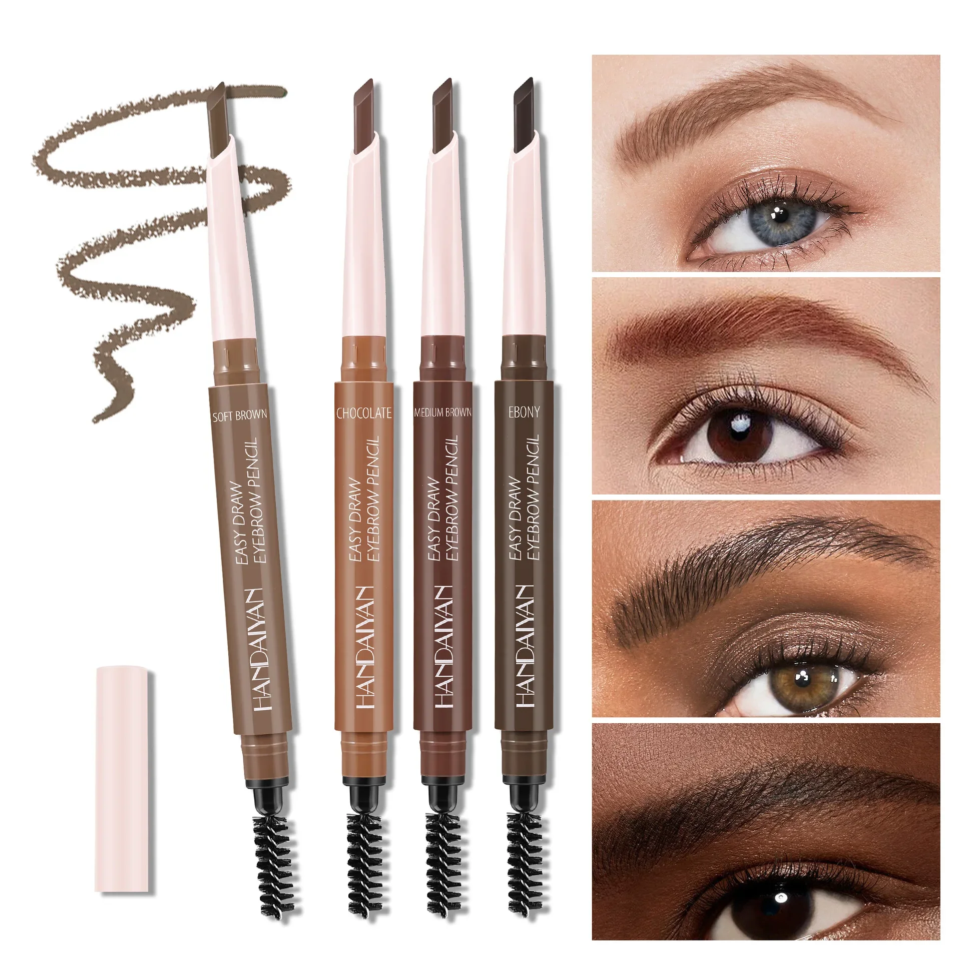 HANDAIYAN ダブルヘッドアイブロウペンシル（ブロウブラシ付き）2 in 1 3D回転式 長持ち 防水アイブロウペンシル
