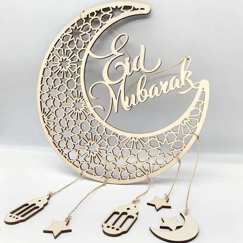 Eid-Pendentif Lune et Étoile en Bois, Signe de Porte Élégant, Décoration Artisanale pour la Maison, la Ferme et la Cuisine