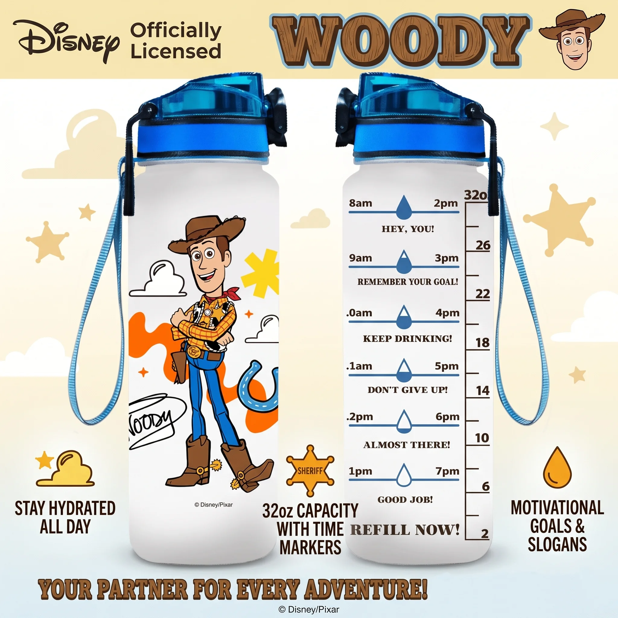 1pc 32oz Disney Toy Story Woody Water Bottle Leakproof with Time Marker Motivational Design for Outdoor Sports Gym Reusable