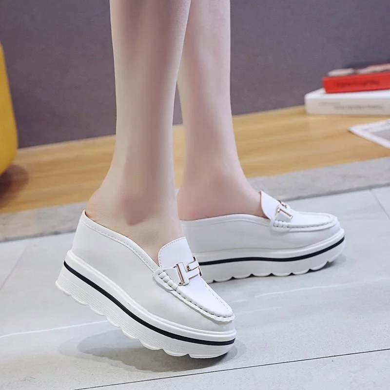 2022 Slides Platform Wedge Slippers Loafers Height Increasing Shoes Women Moccasin Mules Sandals for Women Summer Footwear White