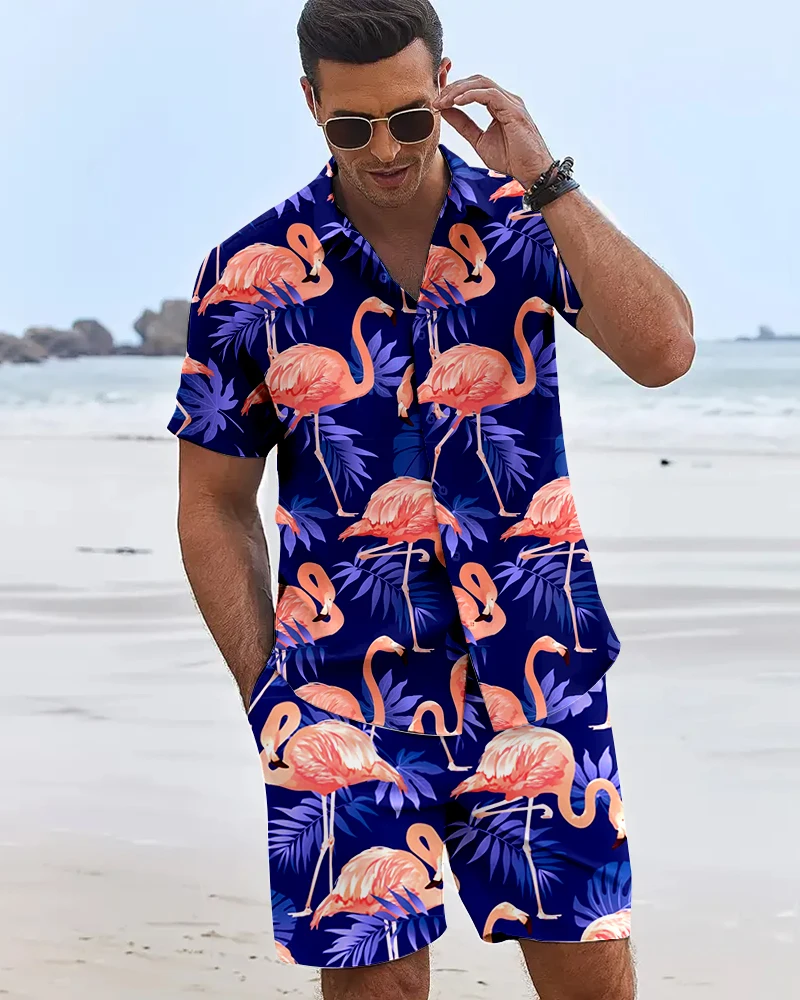 

Men's 3D Flamingo Printed Shirts Hawaiian Beach Vacation Short Sleeve Shorts 2 Piece Summer Hip Hop Trend Fashion Men Sets