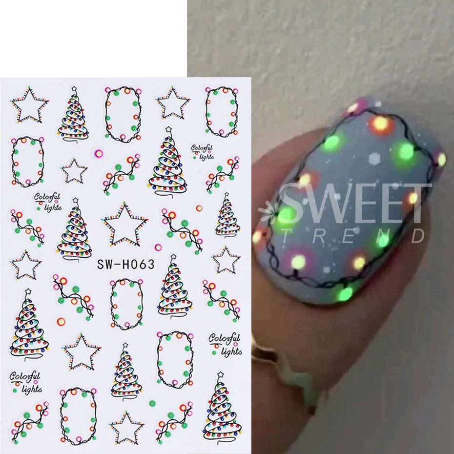 3 قطع من ملصقات أظافر عيد الميلاد المتوهجة في الظلام، ملصقات أظافر ملونة لعيد الميلاد الخفيفة على شكل نجمة شجرة عيد الميلاد لتزيين الأظافر بنفسك