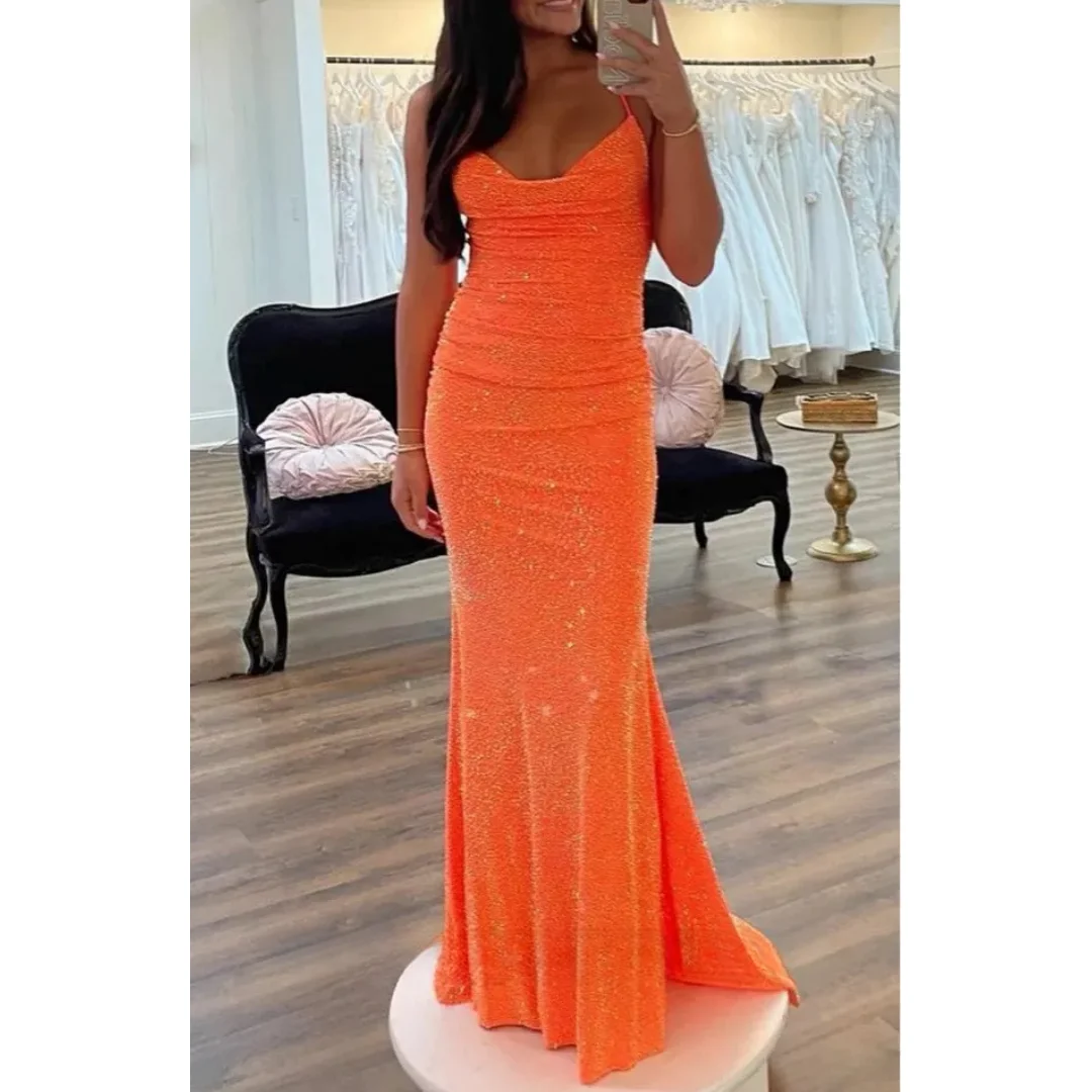 

Lena Long Party Dress for Wedding 2024 Spaghetti Straps Women's Evening Dress Woman Orange Color Shiny Fishtail Dresses Gala