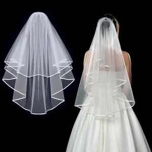 Tulle soft veils wedding with comb, simple edge ribbon, wedding accessories, 2024 8 Main Sales Veil Bridal - №1