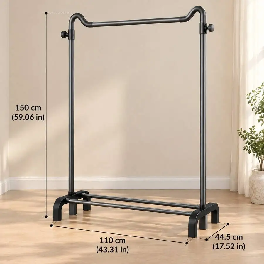 Freestanding Carbon Steel Garment Rack With Double Side Hooks And 2 Bottom Storage Bars, U-Shaped Base, Clothing Rack And Clothe
