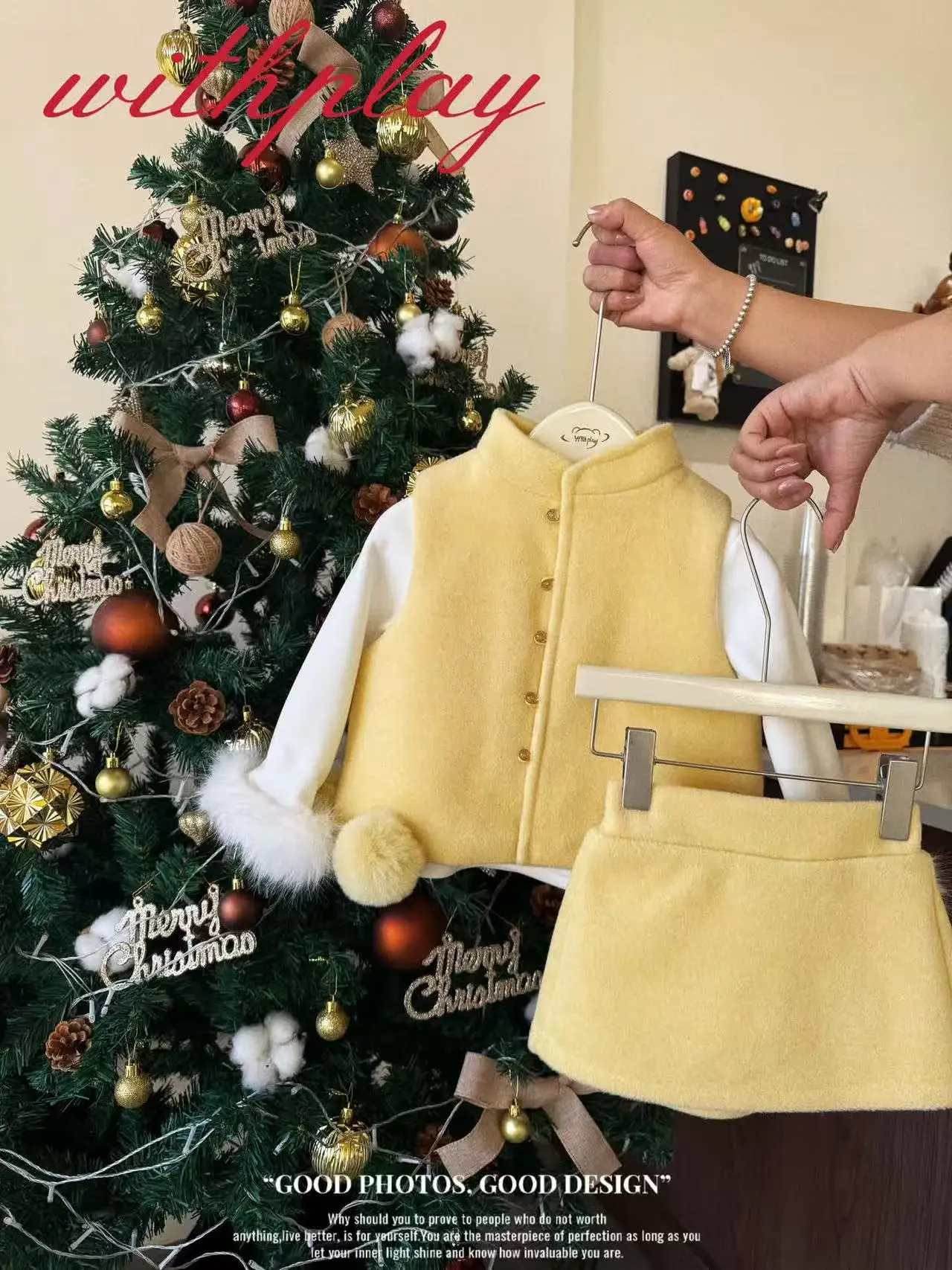 

2026 New Year Girls Tang Suit Winter Fleece Lined Vest Set Chinese Style Kids Pom Pom Woolen Outfit for Spring Festival