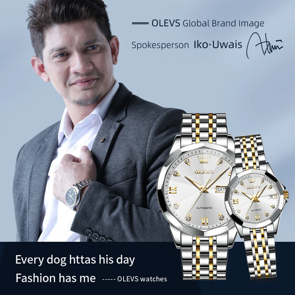 OLEVS-Reloj de pulsera mecánico automático para pareja, cronógrafo informal a la moda, resistente al agua, luminoso, con fecha, San Valentín