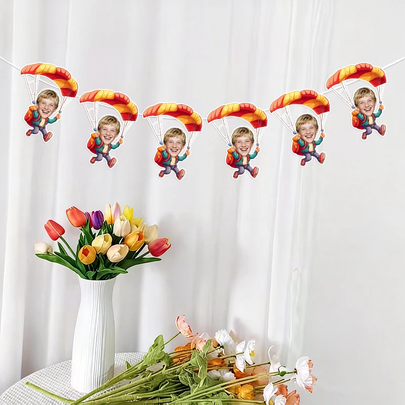 6/12pcs Custom Photo Parachute Skydiving Banner Personalized Face Bunting Garland Adventure Birthday DIY Decor Paper Pendant