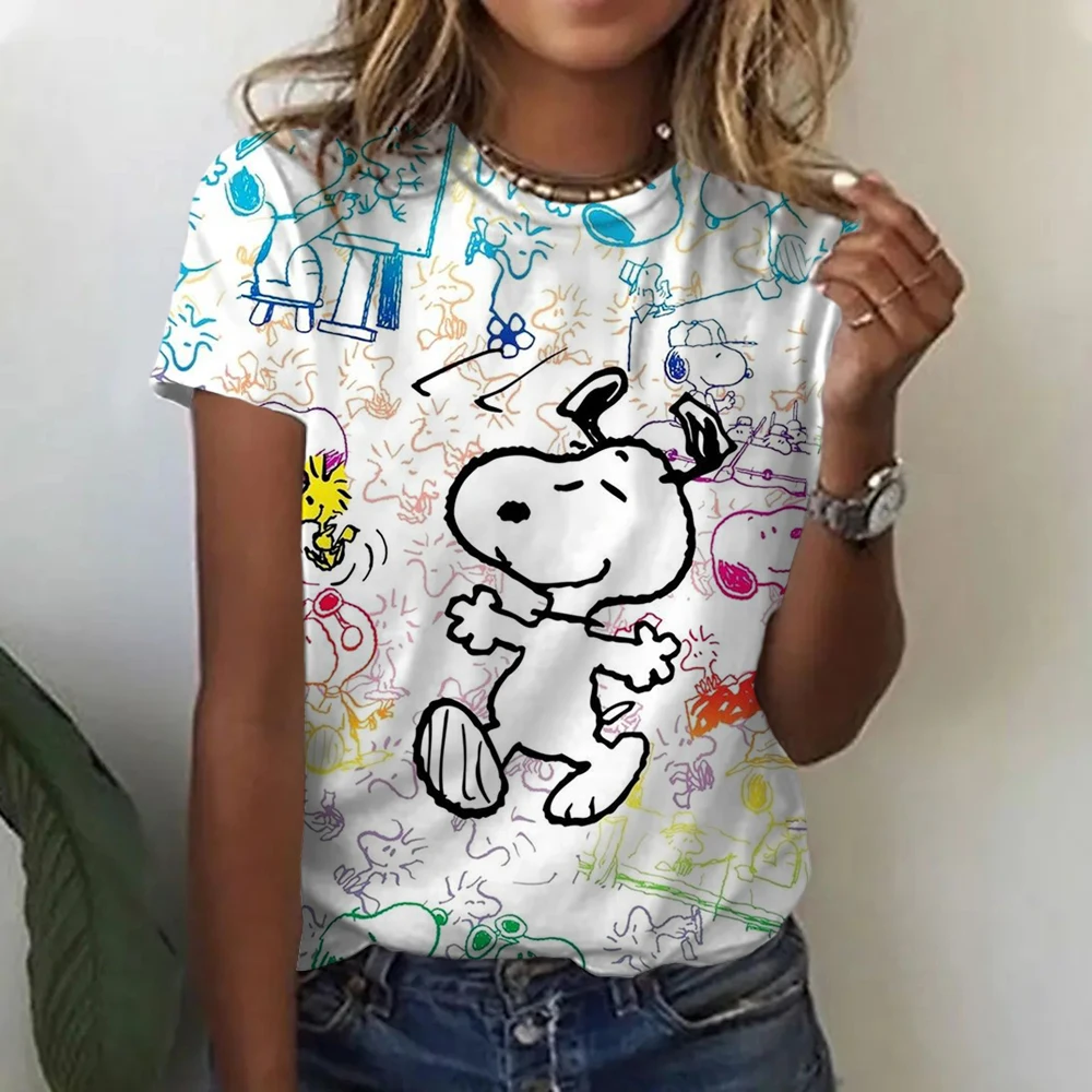 2024 Snoopy T-shirt mother and daughter Women\'s girl O-neck Design Summer Short Sleeve Sexy Neckline Cartoon Pattern Print Top