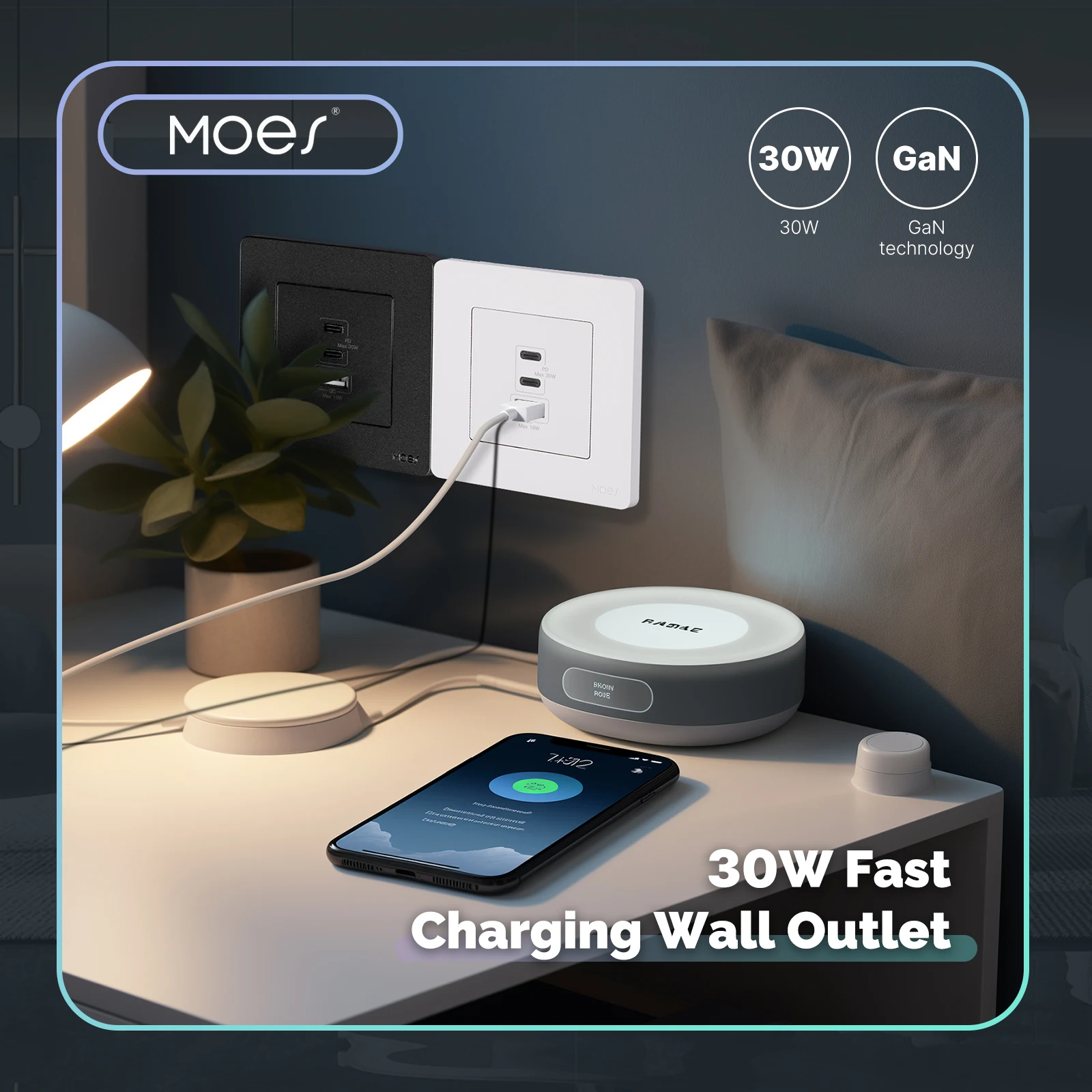 MOES Star Ring Series 30W Fast Charging PD3.0 Wall Electrical Outlet Charger GaN Socket 3 Ports Type C USB A OverTemp Protection