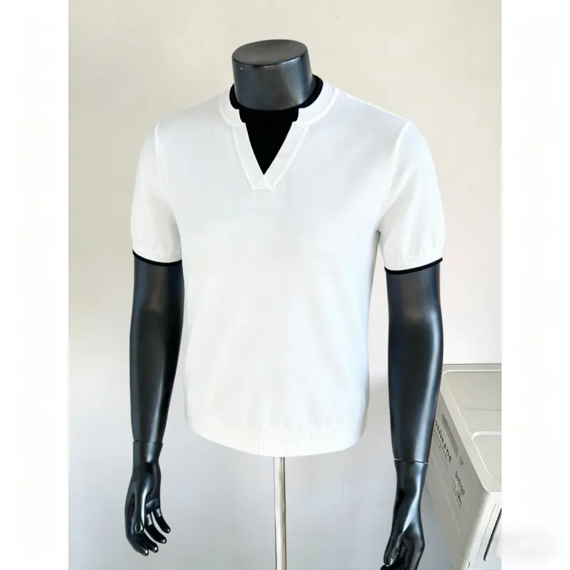 Summer Fake Two-piece Men's V-neck Knitted T-shirt Solid Color Short Sleeve Casual Business Tshirts Versatile Basic Base Shirt