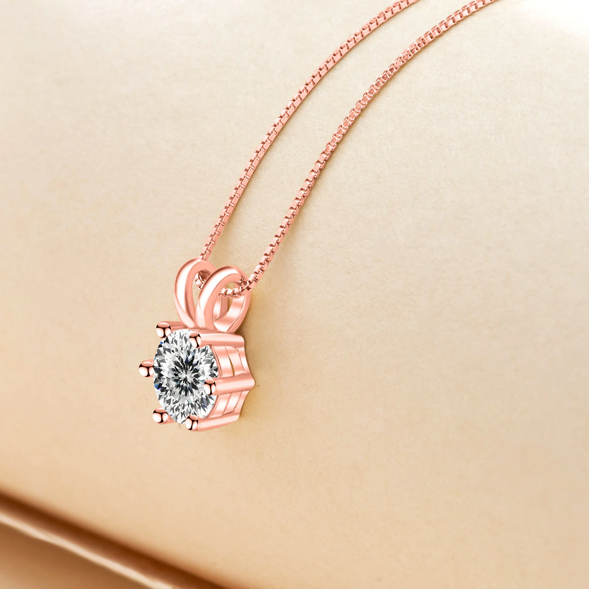 1CT Moissanite Rose Gold Plated Sterling Silver Necklace for Women, Certified Pass Diamond Tester