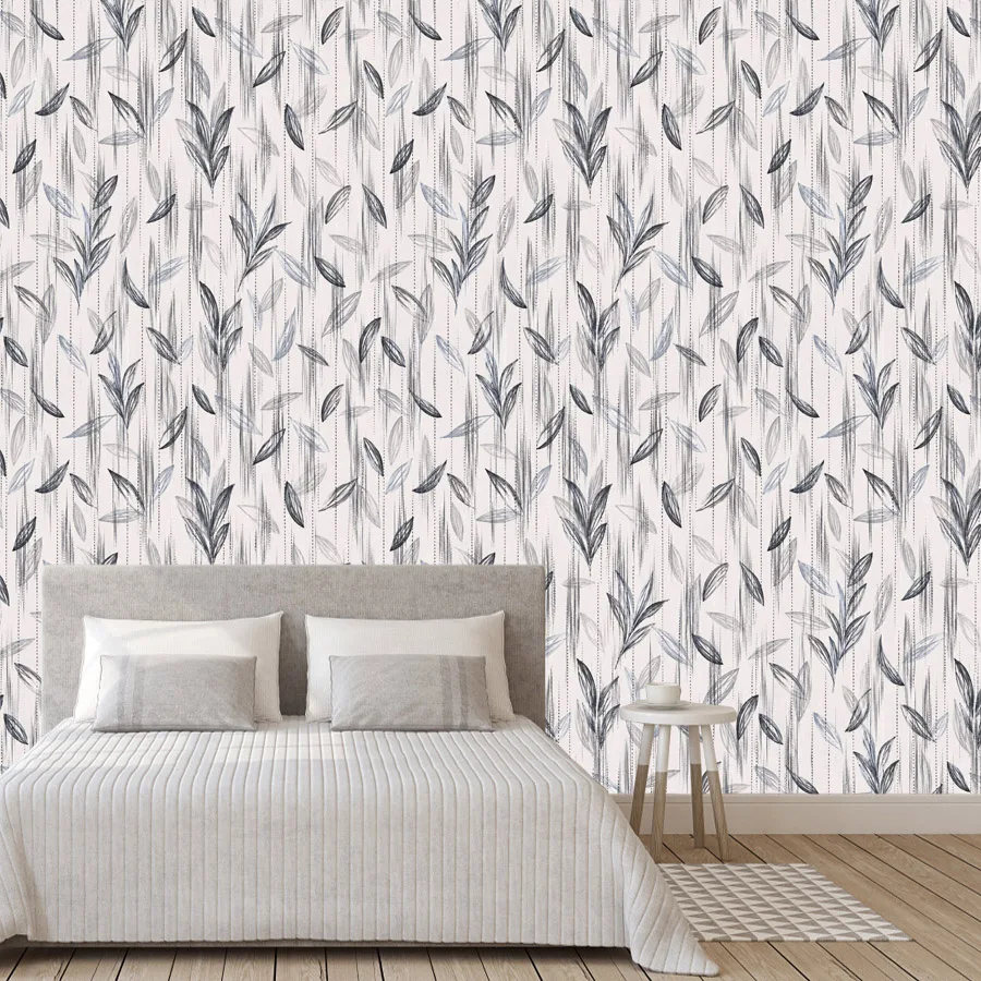 15+ Botanical Grey Leaves Branch Natural Mural Decor, Self Adhesive Optional, Wallpapers for Living Room Girls Walls Renovation