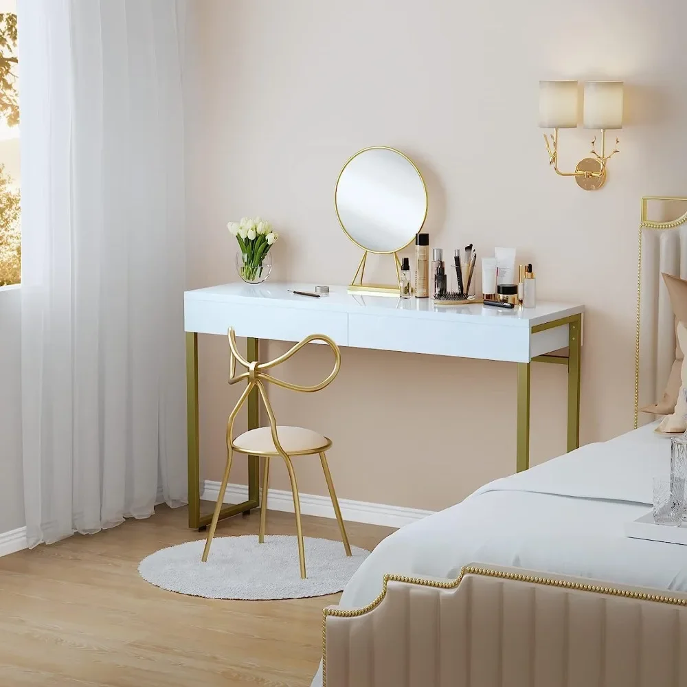 Dressing table with 2 drawers, 47 inch modern home makeup dressing table, featuring metal silver legs and gold dressing table