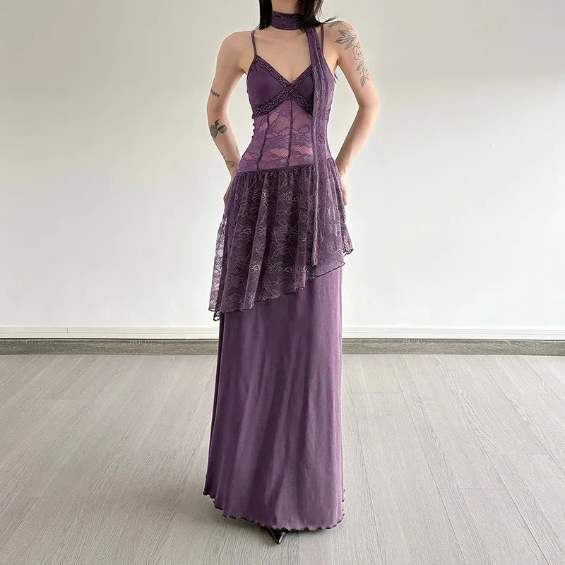 Lace Patchwork Women Camis Dress French Elegant Hepburn Style Splicing Midi Dress Y2K Streetwear Hot Girls Vacation Vestidos