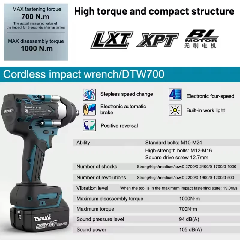 Original Makita 18V Lithium-Ion Battery,Makita DTW700 Brushless Cordless Impact Wrench High Torque Professional Power Tool