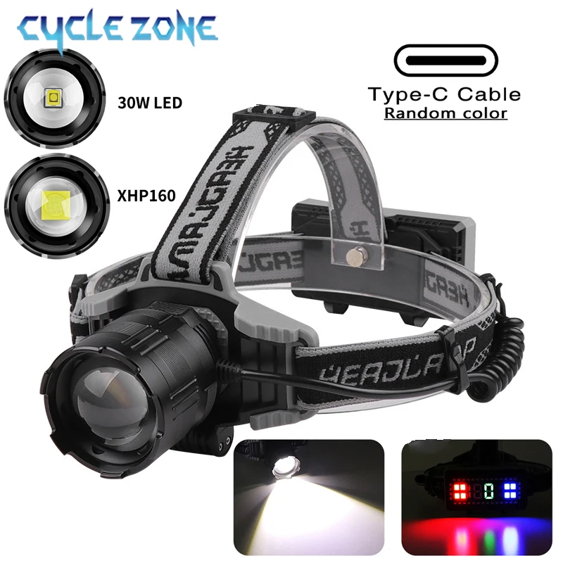 

Powerful Headlamp Type-C Rechargeable Zoomable Headlight XHP160/30W Head Flashlight Tail Warning Outdoor Camping Fishing Lantern