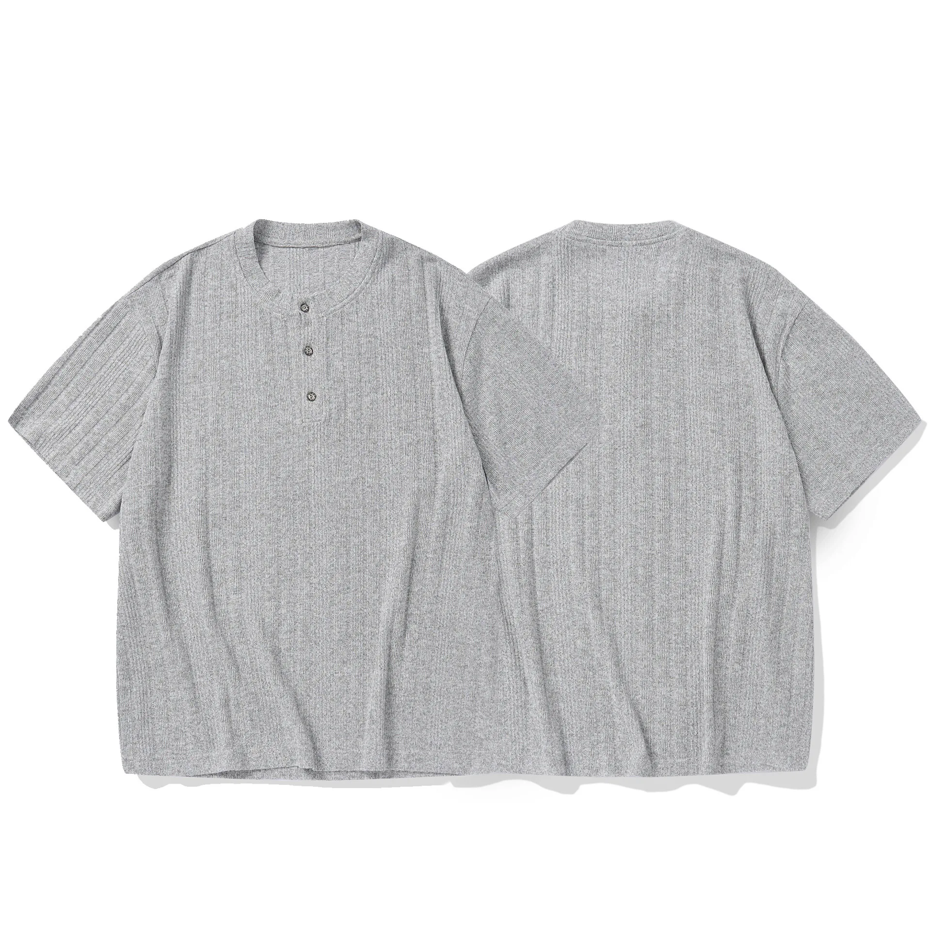 Old Money Style Japanese Retro Henley Collar Knitted Short Sleeved T-shirt Loose Half Sleeved T-shirt