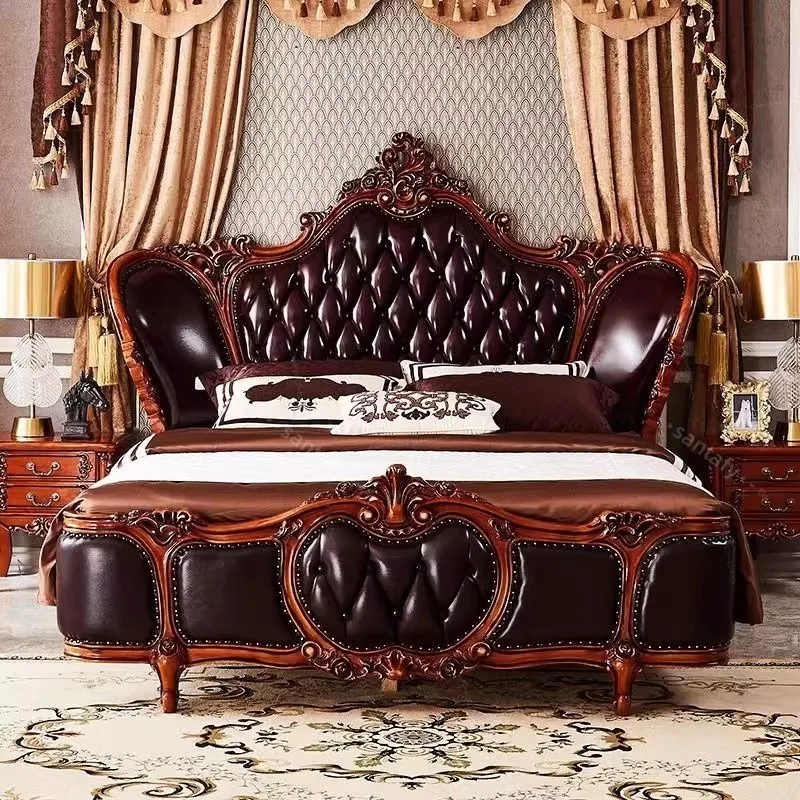 European-Style Genuine Leather King Size Solid Rubber Wood Luxury Classical Royal Carved Bedroom Bed