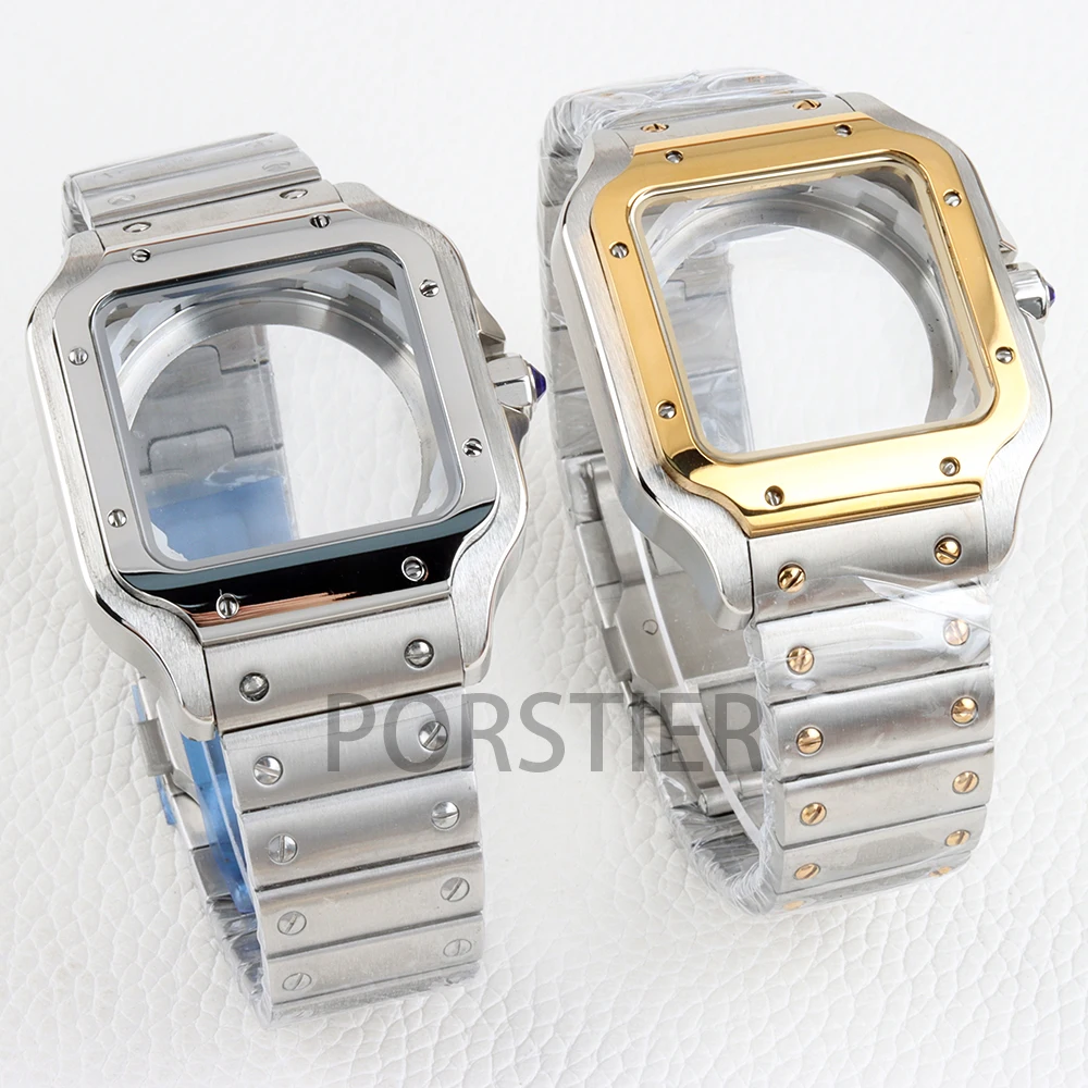 NH35 Watch Case 38mm Solid 316L Stainless Steel Waterproof 21mm Width Strap for Santos NH35 NH36 NH38 Movement 27mm Dial